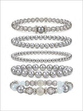 5 PC Stackable Layered Beaded Bracelet Set Elastic Cord 7 Inch